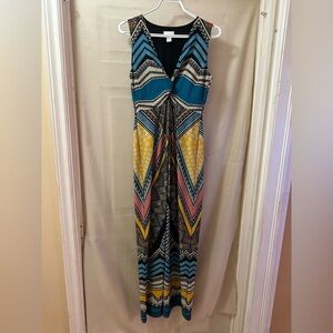 Chico’s Size 0 Boho Maxi Dress Small Blue Yellow Tribal Sleeveless Long Dress